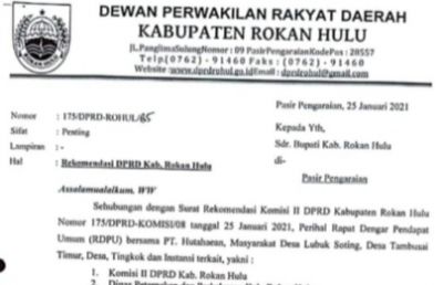 Ketua DPRD Rohul Tandatagani Surat Rekomendasi Pengukuran Ulang Lahan PT. Hutahaean